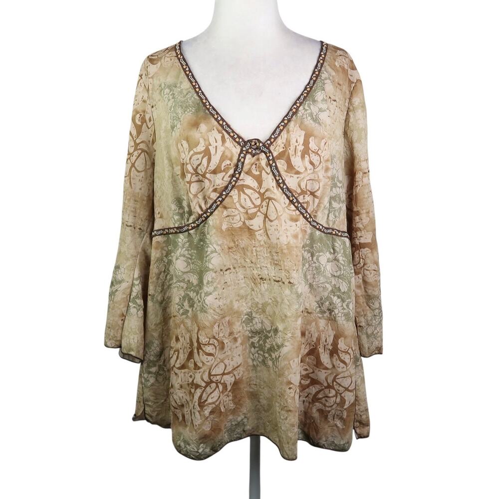 Vintage 90s/Y2K Eyeshadow Tan Floral Mesh Babydoll Top Flare Sleeve 2X